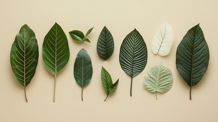 Fototapeta premium ミニマリストなグリーンリーフのフラットレイ