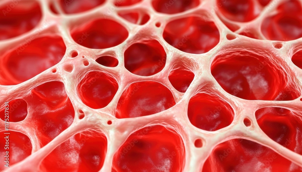 Poster close-up view of intricate cellular structures showcasing red tissue and complex patterns in biologi