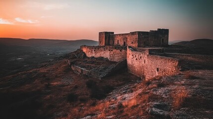 Obraz premium Ancient Stone Castle Sunset Hilltop Landscape