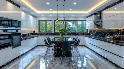 Modern kitchen with black marble island, white cabinets, and large windows.