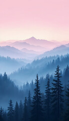 Obraz premium Misty Mountain morning light pink purple pastel gradient dreamy atmosphere phone wallpaper background 4k