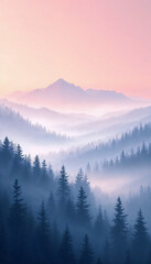 Obraz premium Misty Mountain morning light pink purple pastel gradient dreamy atmosphere phone wallpaper background 4k