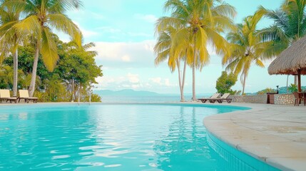 Obraz premium Serene Tropical Poolside Oasis with Lush Palms and Scenic Ocean View