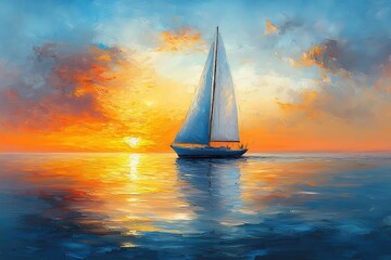 Majestic sailboat sails into a vibrant sunset over tranquil ocean waters.