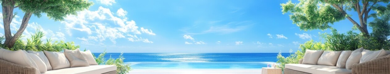 Fototapeta premium Relaxing beachfront terrace with stunning ocean view on a sunny day