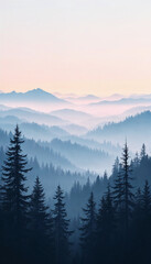 Fototapeta premium Misty Mountain morning light pink purple pastel gradient dreamy atmosphere phone wallpaper background 4k