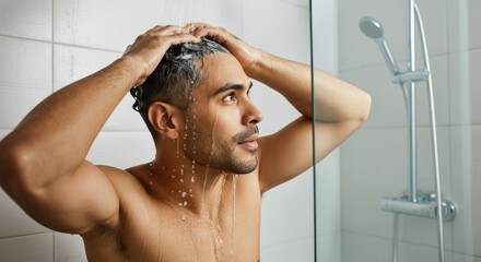 Man washing hair in shower with water flowing