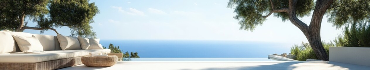 Obraz premium Scenic coastal view from a serene outdoor lounge area with ocean backdrop