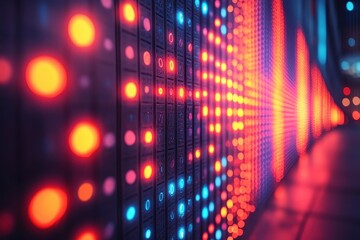 Fototapeta premium Colorful LED lights illuminate a wall at night in a vibrant urban setting
