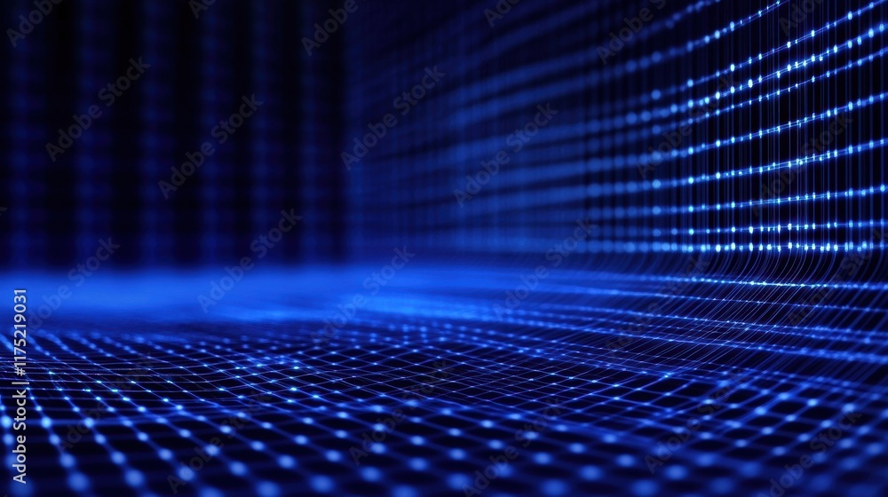 Poster abstract digital background featuring glowing blue dots creating a mesmerizing wave effect, perfect 