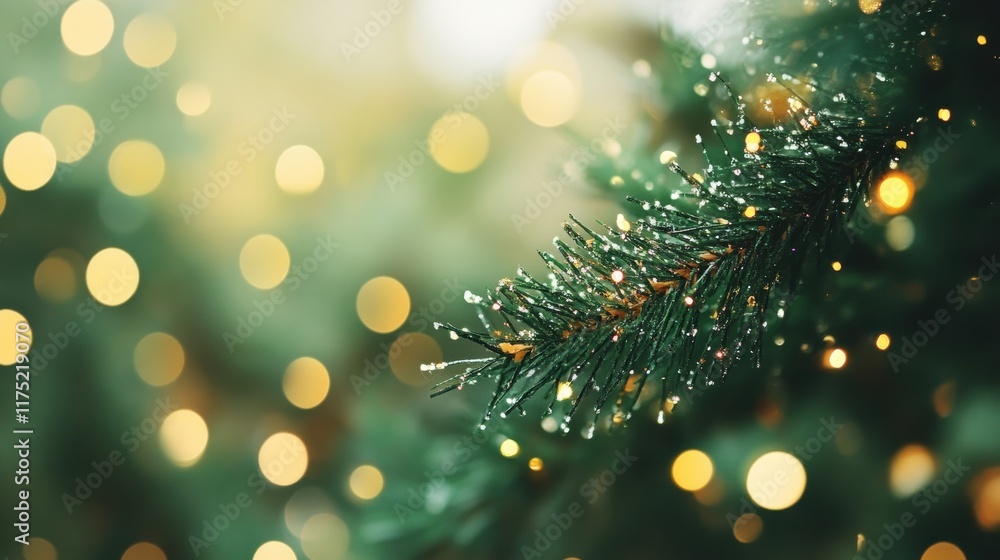 Poster close-up of a pine branch adorned with glistening droplets, surrounded by soft bokeh lights for a fe