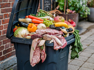 pile of food waste in a trash can, wasted spoiled vegetables, fruits and meat, garbage, recycling, wasting, trashcan