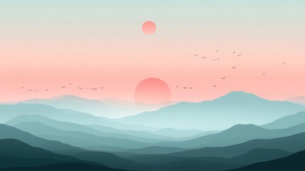 Fototapeta premium Serene Pastel Sunset Over Misty Mountains with Distant Celestial Bodies and Birds