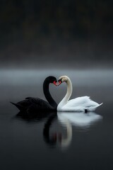 Fototapeta premium Emotional connection between black and white swans on a misty lake