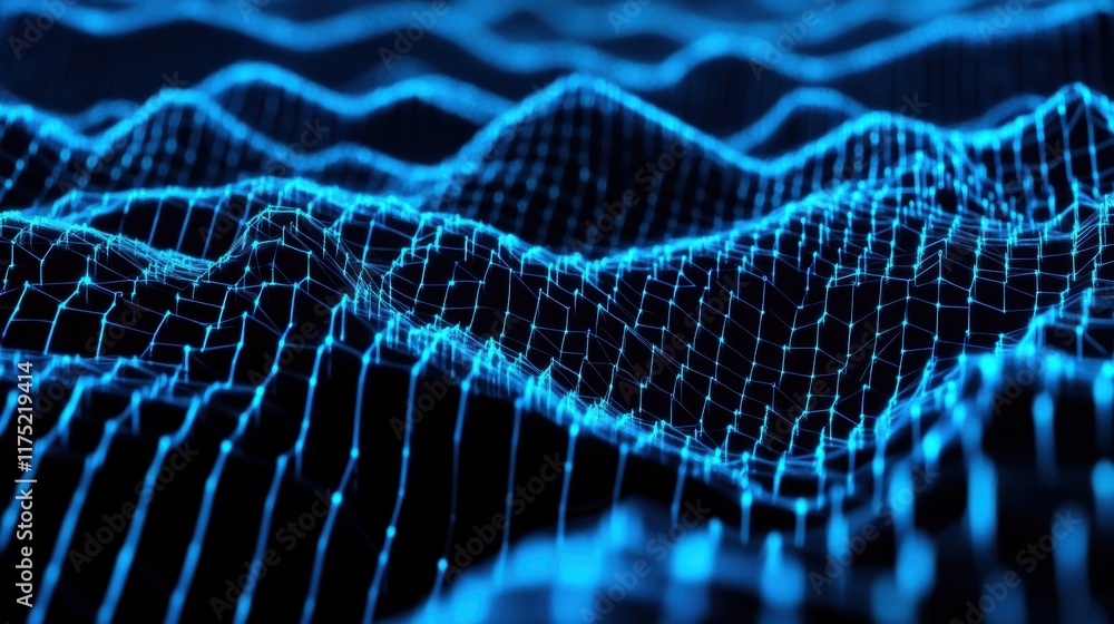 Poster abstract digital landscape with glowing blue lines creating a wireframe effect, symbolizing technolo