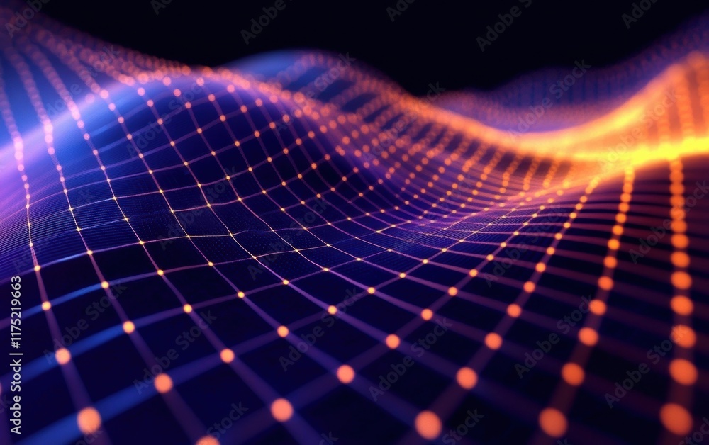 Poster abstract digital landscape with glowing dots and lines creating a vibrant wave effect in deep hues o