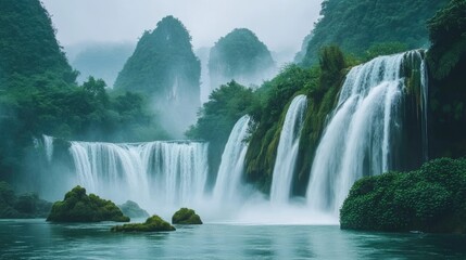 Fototapeta premium Serene Waterfall Cascading Down Lush Green Mountains
