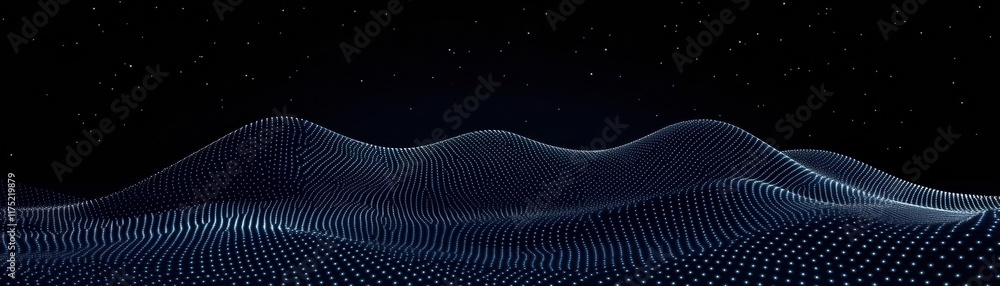 Poster abstract digital landscape with flowing waves and dotted patterns, creating a futuristic and serene 
