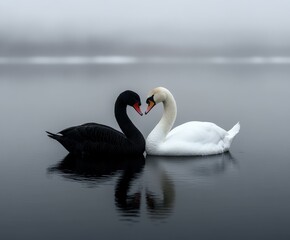 Naklejka premium Black swan and white swan share a serene moment on a foggy lake