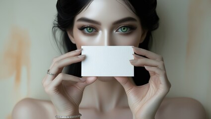 A captivating woman holds a blank card in front of her face, revealing expressive eyes and delicate features. Her elegant pose suggests intrigue and sophistication