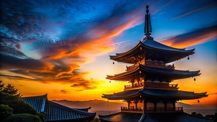 Obraz premium Silhouette of Naritasan Shinshoji Temple against a Vivid Blue Sky - Japanese Landscape
