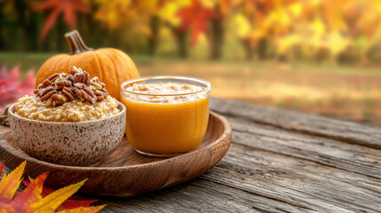 Autumnal Breakfast Scene with Pumpkin, Pecans, and Seasonal Leaves on a Rustic Table