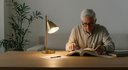 Elderly Caucasian man reading book at desk with lamp