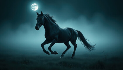 Fototapeta premium Black horse galloping in mist, bright full moon illuminating the night sky
