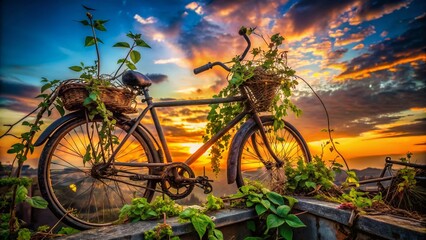 Silhouette of Overgrown Bicycle Wreck with Plants, Nature Reclaiming Urban Decay