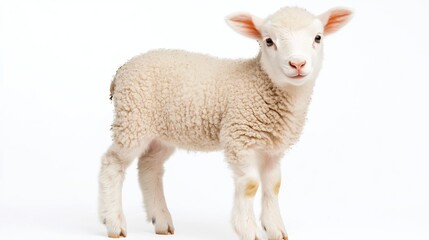 Fototapeta premium Small Fluffy White Lamb Stands on Clear Background in Minimal Studio Shot