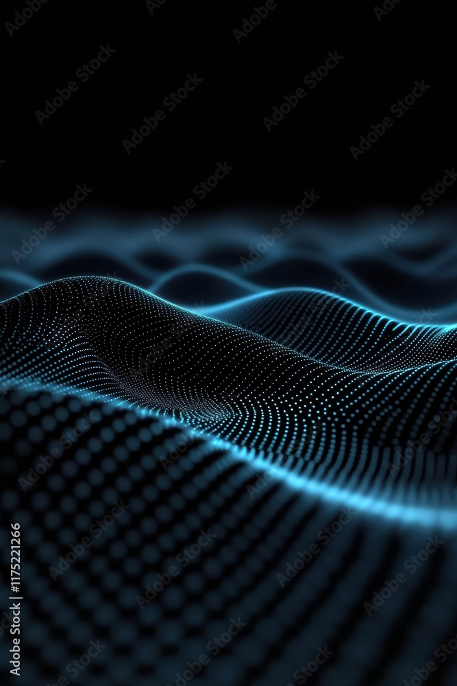Poster abstract digital landscape with glowing blue dots creating wave patterns against a dark background.