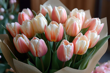 A beautiful bouquet of tulips in soft pastel shades, elegantly arranged in stylish wrapping, perfect for spring celebrations and festive moments