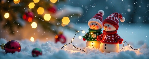 Naklejka premium Miniature snowmen wearing bright sweaters with twinkling lights on a snowy scene, sparkling lights, miniature ornaments, holiday sweaters