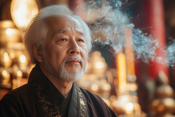 Fototapeta premium Elderly man meditating in a serene temple setting surrounded by incense smoke with golden artifacts in the background