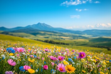 Obraz premium field of flowers in spring with beautiful mountains