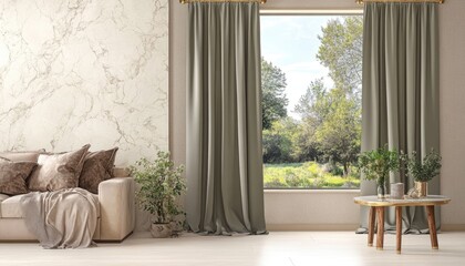 Serene living room interior design featuring a beige sofa, elegant curtains, marble wall, and a garden view.  Perfect for home decor, interior design, and real estate websites.