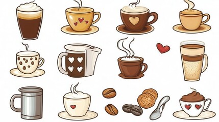 Fototapeta premium Coffee Cup Clip Art icon set on a clean background, clip art style, vector illustration, coffee theme clip artwork for stickers, coffee shop graphics