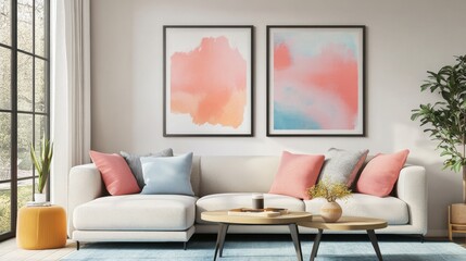 Abstract pastel artwork in coral pink and blue, combining fluid, natural luxury and minimalism