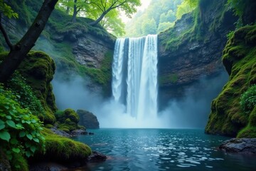 Fototapeta premium Misty veil surrounds a hidden waterfall cascade, mist, nature's secrets, waterfall scenery