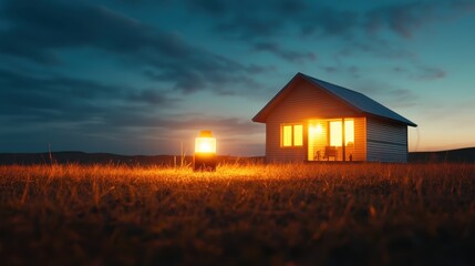 A small house emits a warm glow from its windows at dusk, with a bright lantern illuminating the...