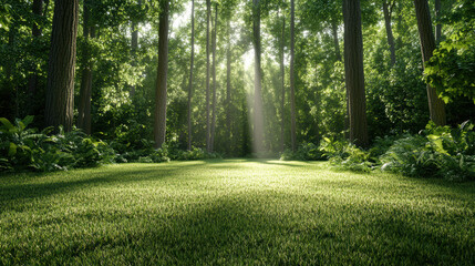 Tranquil forest clearing with sunlight streaming through trees