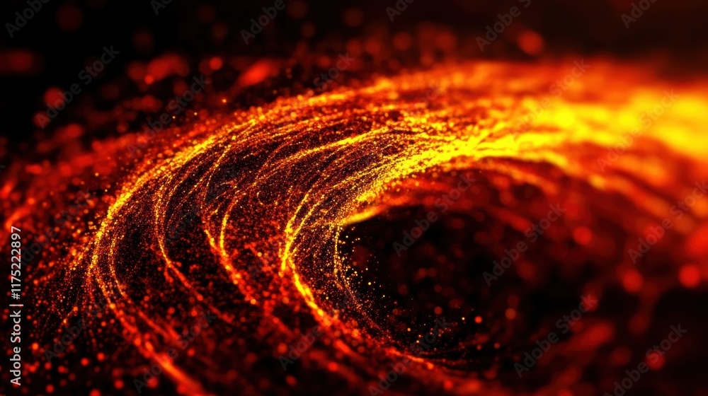 Poster dynamic swirling pattern of fiery orange and red sparks, creating an energetic and captivating visua