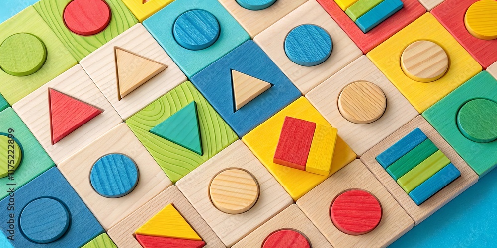 Poster a wooden puzzle with many different shapes and colors