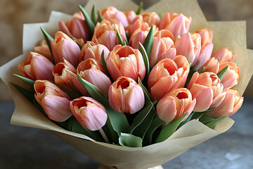 A beautiful bouquet of tulips in soft pastel shades, elegantly arranged in stylish wrapping, perfect for spring celebrations and festive moments