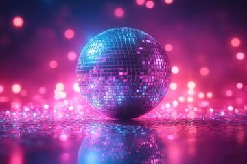 Obraz premium a sparkling disco ball surrounded by vivid neon lights creates an electrifying atmosphere typical of a retro nightclub inviting viewers to the nostalgia of disco parties