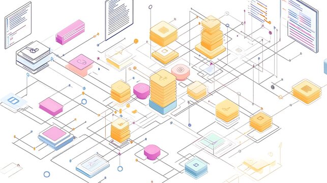 An abstract representation of software architecture with code snippets and design diagrams 