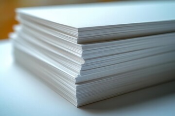 a stack of blank white paper sheets neatly arranged set against a bright white background emphasizing simplicity and cleanliness for artistic or organizational purposes
