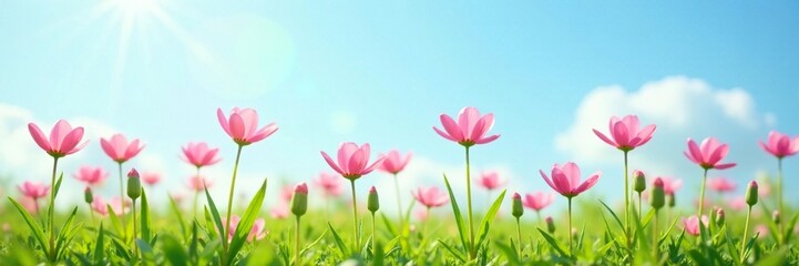 Fototapeta premium Pastel pink wildflowers sway gently in a spring breeze, against a soft blue sky and lush green grass, spring, landscape, blue