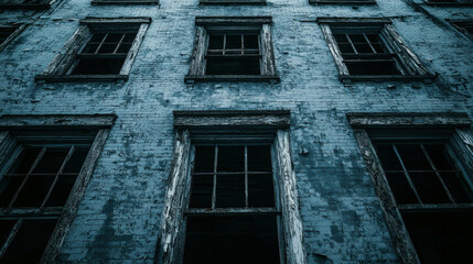 Abandoned mansion with broken windows and peeling paint on a gloomy day