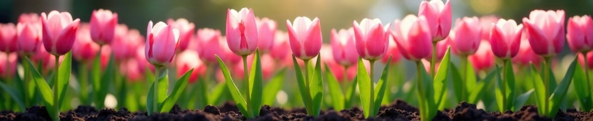 Naklejka premium Pink and white tulip stems rise from the soil, growing plants, garden, pink
